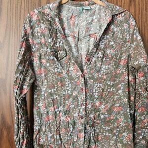Floral Button Down Shirt - Olive and Coral